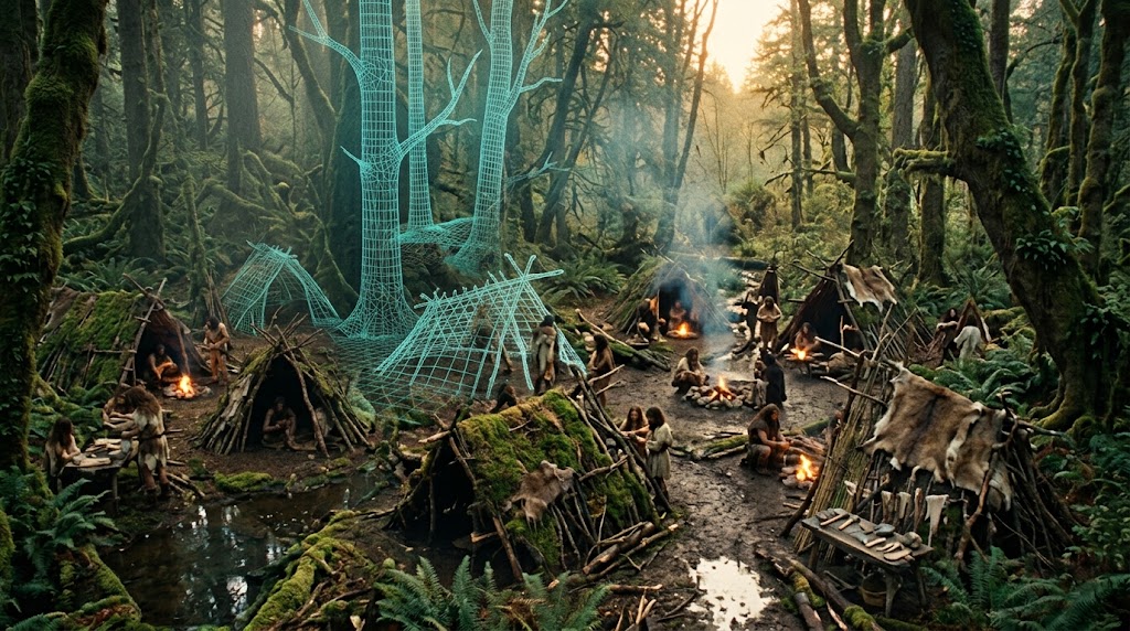 Fotorealistisches Waldlager mit einfachen Ast- und Fellhütten, Feuerstellen und Wireframe-Bäumen